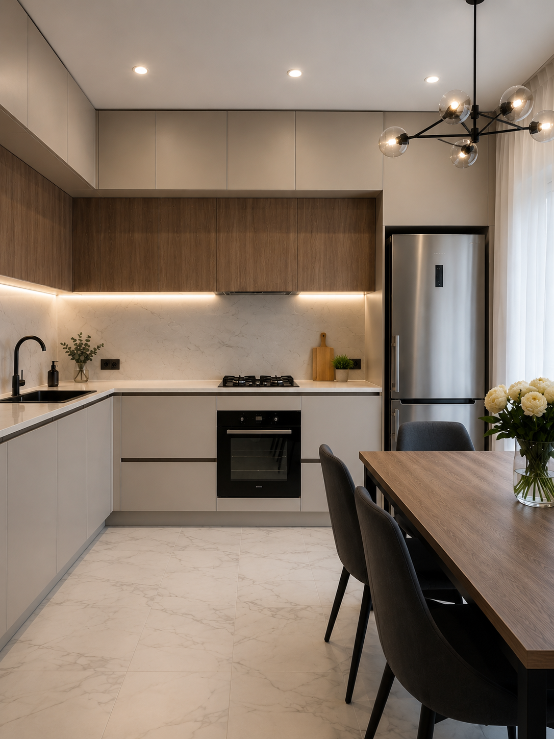Cocina blanca con mármol y madera