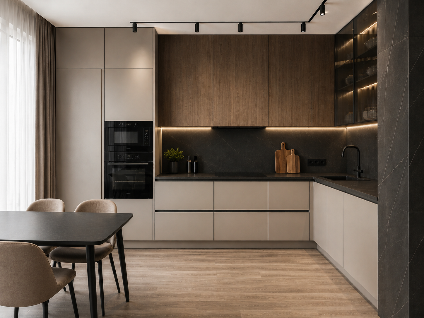 Cocina contemporánea madera y negro